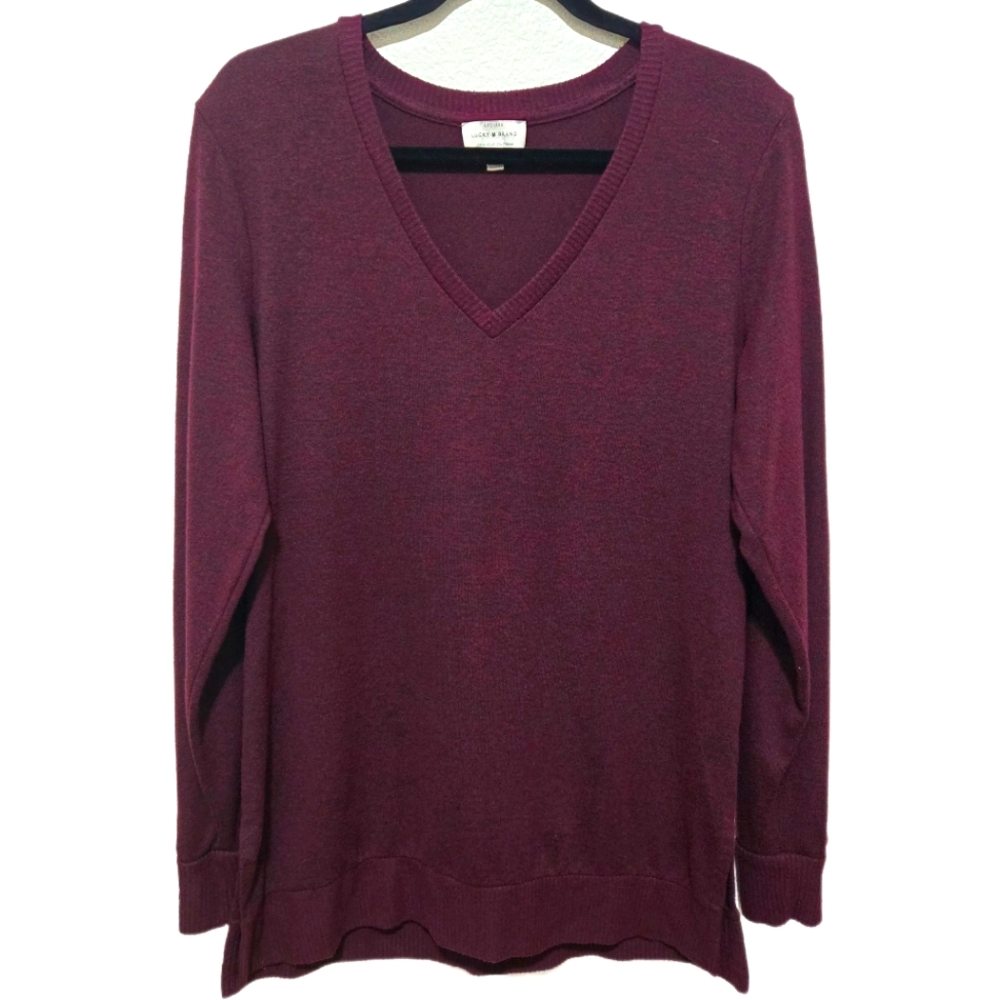 LUCKY BRAND Burgundy V-Neck Sweater Long Sleeve Lightweight Preppy Size Medium